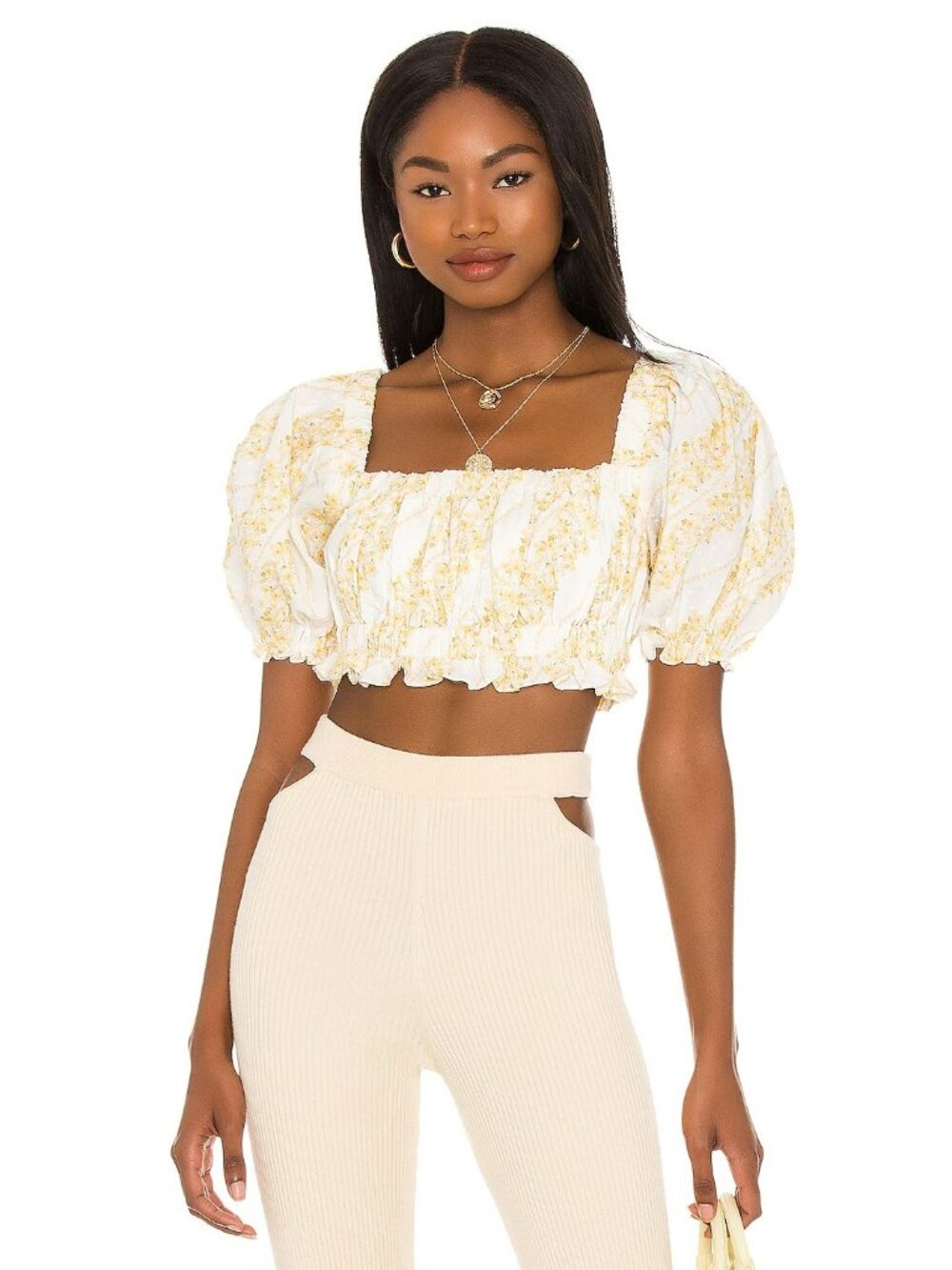 For Love & Lemons Lucie White Yellow Floral Swiss Dot Crop Top, Size Small